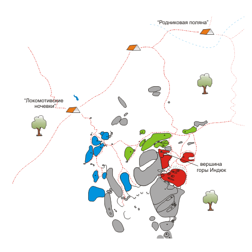 Схема скалолазных секторов горы Индюк